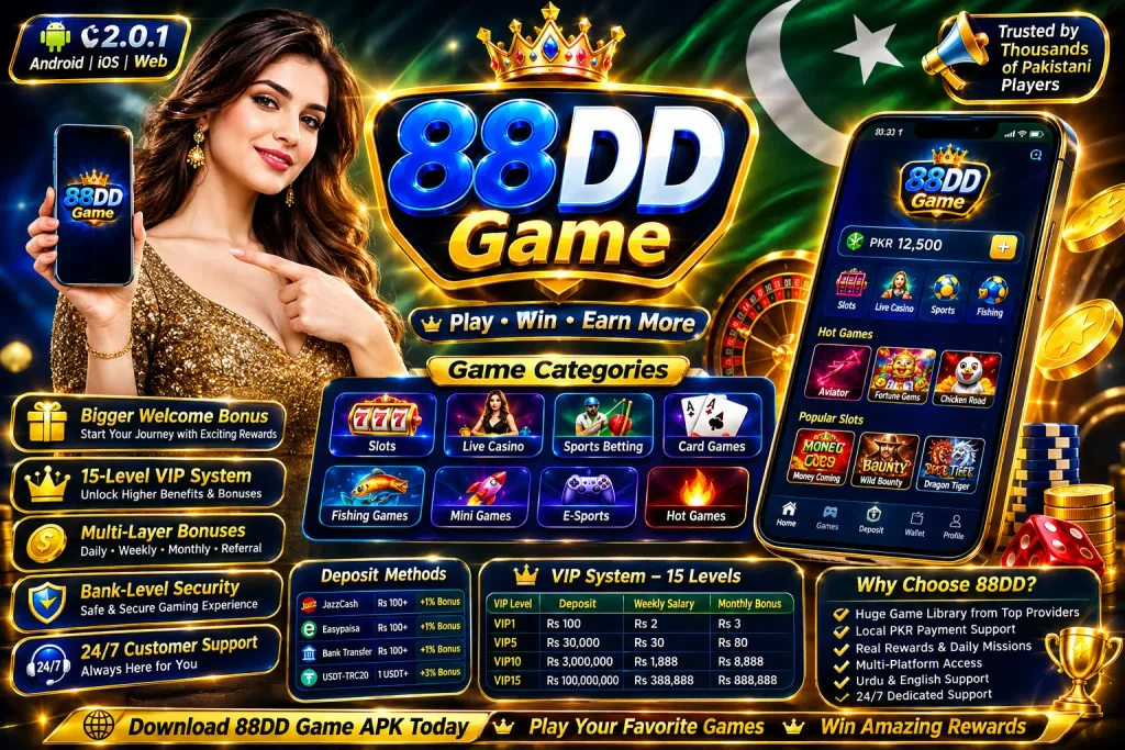88DD Game APK download version 2.0.1 featuring casino games, sports betting, 15-level VIP rewards, bonuses, and PKR payment methods