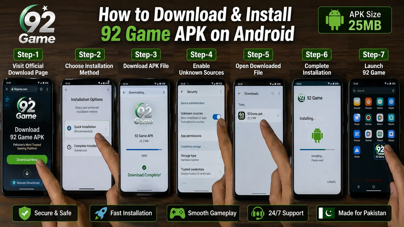 92 Game APK download and installation guide on Android showing 7 step-by-step installation steps