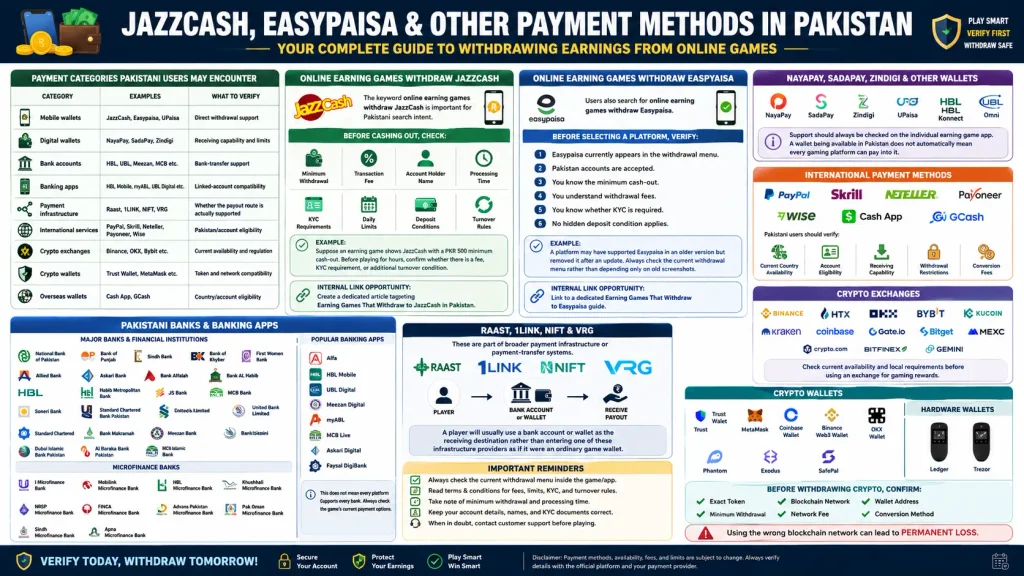 Professional infographic explaining JazzCash, Easypaisa, mobile wallets, Pakistani banks, banking apps, Raast, 1LINK, international payment services, crypto exchanges and wallets, with key withdrawal verification requirements for online earning games in Pakistan