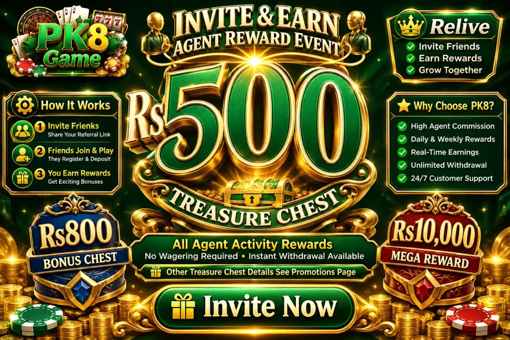 PK8 Game Invite & Earn Agent Reward Event featuring the Rs500 Treasure Chest, Rs800 Bonus Chest, Rs10,000 Mega Reward, referral rewards, and agent earning details.