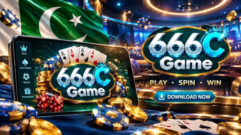 666C Game premium casino promotional banner featuring the 666C Game logo, casino chips, playing cards, dice, gold coins, and luxury gaming atmosphere