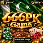 3D gold “666PK Game” casino logo with Pakistani flag, roulette wheel, poker chips, playing cards, dice, and “GameGame.com.pk” branding.