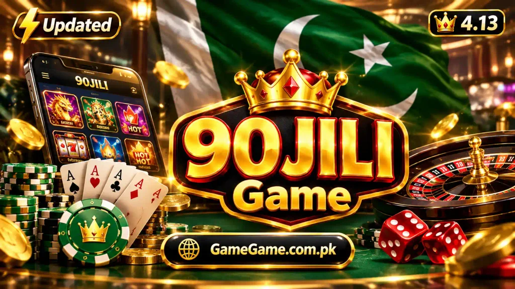 90JILI Game premium casino promotional banner with gold 3D logo, Pakistani flag, roulette wheel, poker chips, playing cards, dice, and version 4.13