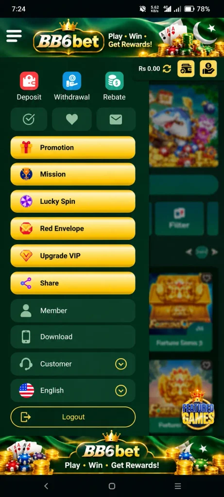 BB6Bet game app home screen