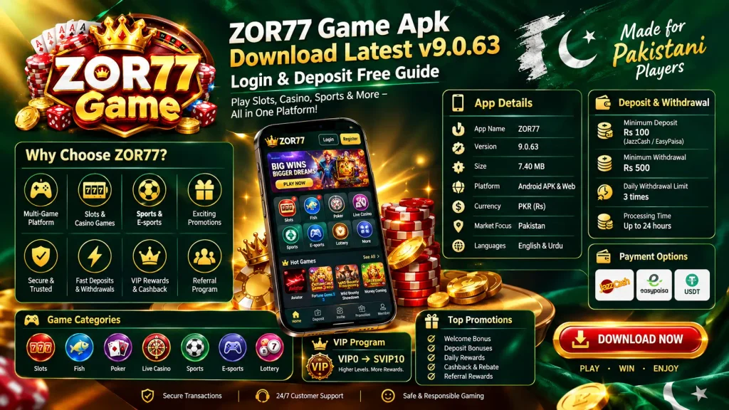ZOR77 Game Apk download latest v9.0.63 Login & Deposit Free Guide
