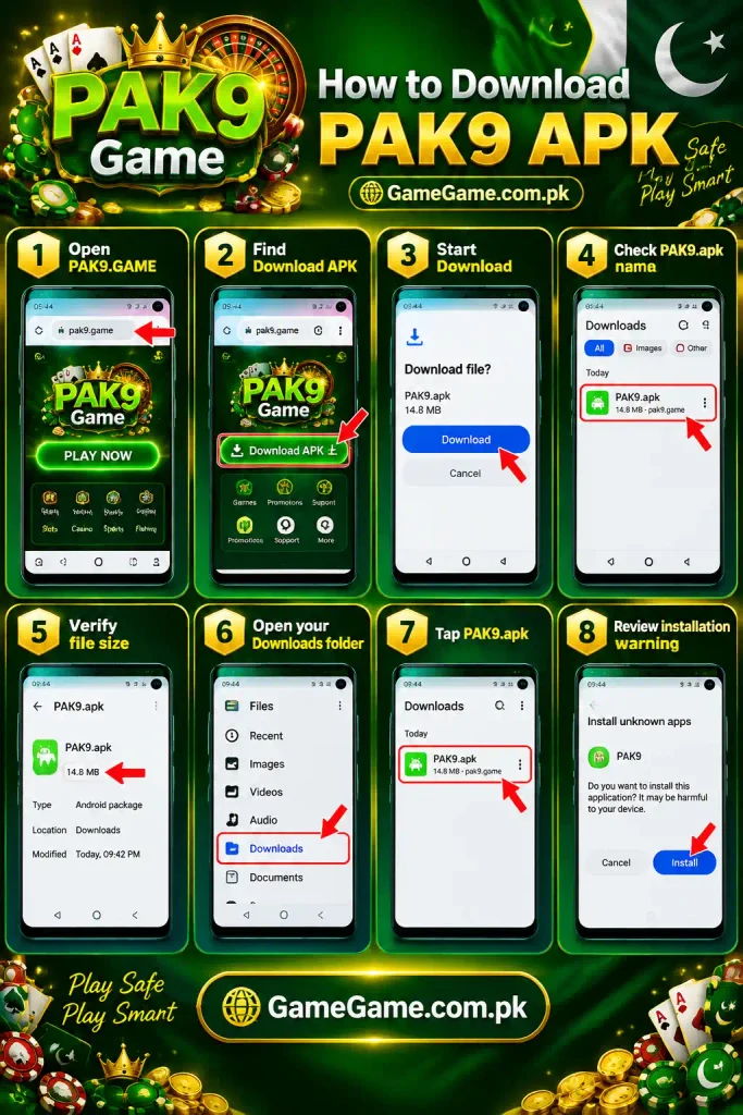 How to download PAK9 APK on Android phone with step-by-step installation guide showing website access, APK download, file verification, Downloads folder, and installation warning.