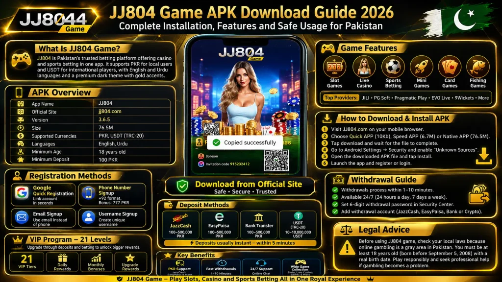 SEO Alt Text: JJ804 Game APK Download Guide 2026 showing installation steps, game features, deposit and withdrawal methods, and 21-level VIP program for Pakistan