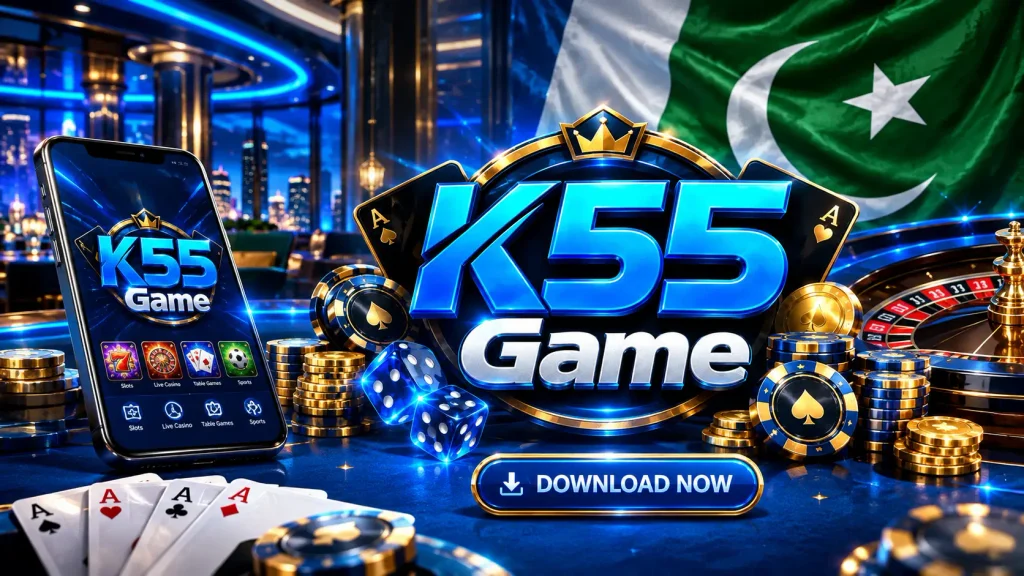 K55 Game APK casino promotional banner featuring the K55 Game logo, luxury casino table, poker chips, dice, roulette wheel, and blue-gold gaming design