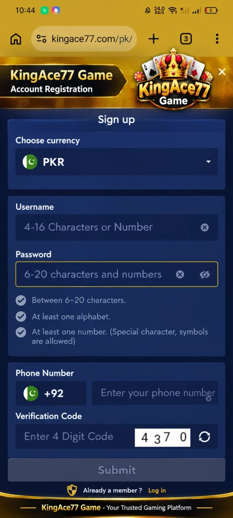 kingace77 game registration page