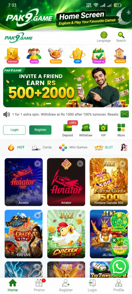 PAK9 Game home screen showing game categories, invite promotion, deposit and withdrawal options, VIP and check-in features, and popular casino games including Aviator, Fortune Garuda 500, Chicken Dash, and JILI Slots.