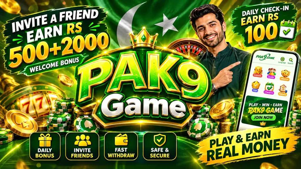 PAK9 Game promotional thumbnail featuring the PAK9 Game logo, invite-a-friend bonus of Rs 500+2000, daily check-in reward of Rs 100, casino chips and roulette, a mobile app interface, and a promotional character in a green and gold Pakistan-inspired design.