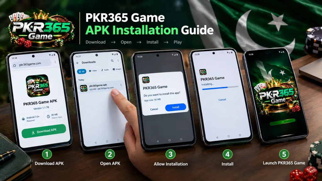 PKR365 Game APK installation guide showing download, open, install, and launch steps on Android