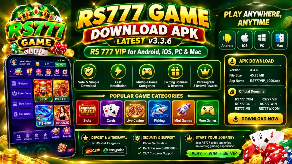 RS777 Game APK download infographic featuring the RS777 Game logo, latest version 3.3.6, Android, iOS, PC and Mac access, 45.78 MB APK details, popular casino game categories, VIP rewards, JazzCash and Easypaisa payments, and app interface.
