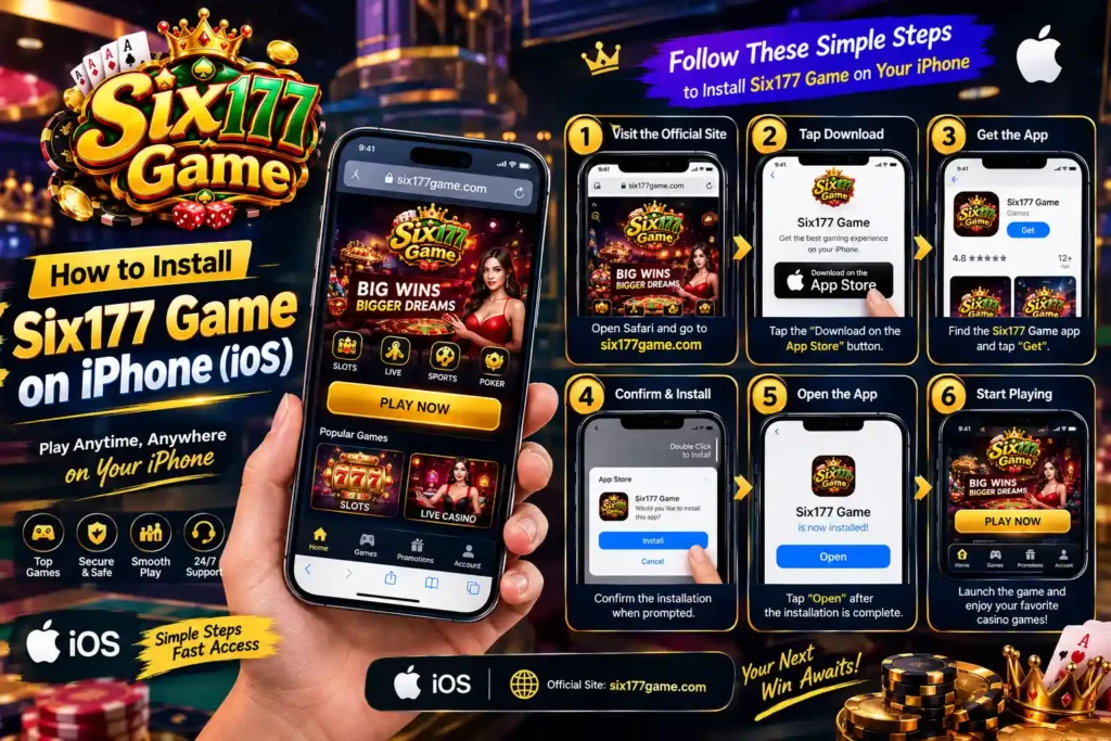Six177 Game iOS installation guide showing step-by-step instructions to download and install the game on iPhone