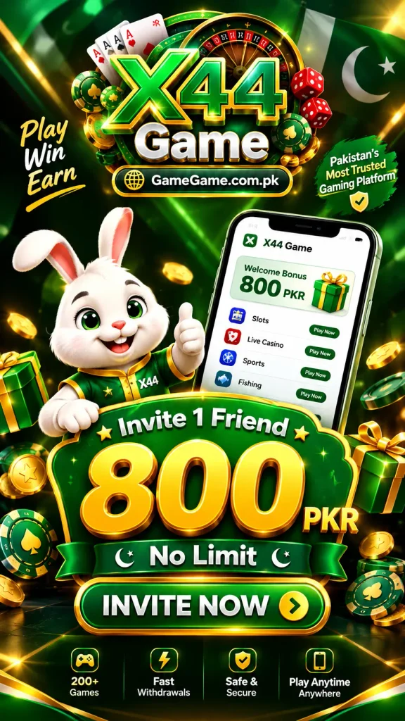 X44 Game APK download with 800 PKR invite bonus, casino games, and green-gold gaming interface
