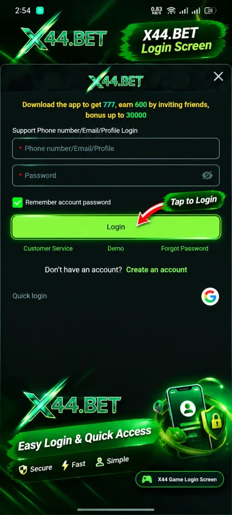 X44 Game login screen showing phone or email login fields, password field, Login button, and quick Google login option.