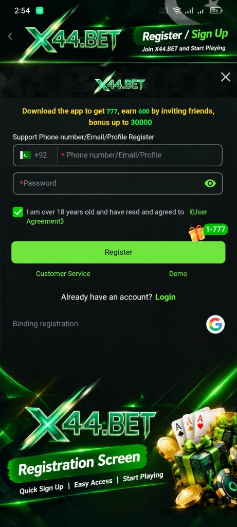 X44 Game registration screen showing phone, email or profile sign-up fields, password field, Register button, age agreement, and Google quick registration option.