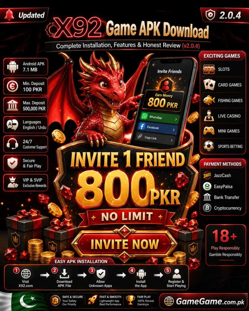 X92 Game APK v2.0.4 download, installation guide, game features, payment methods, and 800 PKR invite reward
