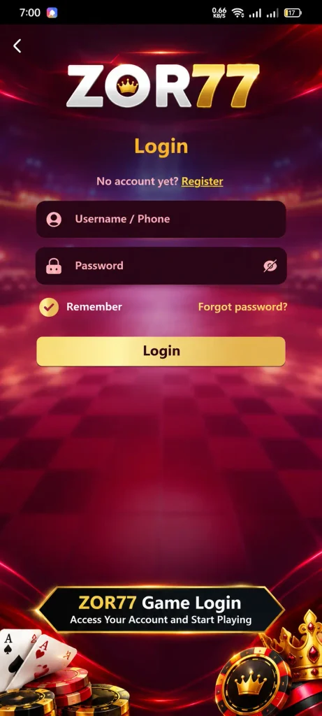 ZOR77 Game login screen showing username, password, registration, remember me, forgot password, and login button on the mobile app