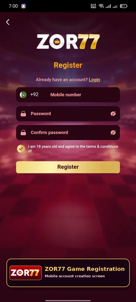 ZOR77 Game registration screen showing mobile number, password, confirm password and Register button