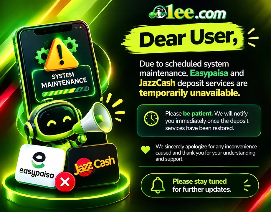 1ee deposit maintenance announcement showing Easypaisa and JazzCash services temporarily unavailable.