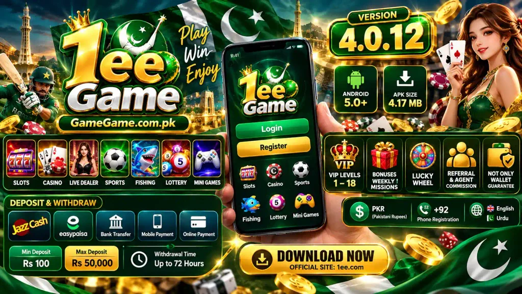 1ee Game APK infographic featuring version 4.0.12, Android 5.0+, 4.17 MB APK, casino games, sports betting, VIP system, deposits, withdrawals, registration, mobile access, missions, lucky wheel, referrals, and agent commission