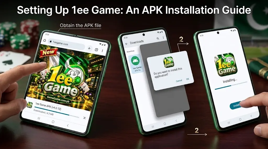 A sequence of three mobile phone screens demonstrates the step-by-step process of downloading and installing the "1ee Game" APK. The first screen shows the game's website with a download option; the second shows a permission prompt to install the application; the third shows the installation in progress. A background of playing cards, poker chips, and a Pakistani flag supports the game's theme.