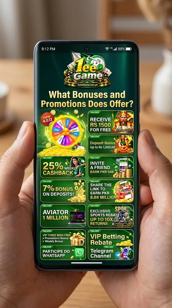 Ultra-realistic photo of a modern Android smartphone displaying the 1ee Game bonuses and promotions feature screenshot in full-screen view.