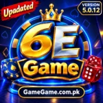 Official 6E Game logo displaying updated version 5.0.12 and official website GameGame.com.pk for APK download.