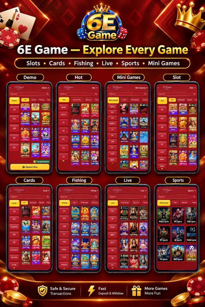 6E Game explore every game page showcasing demo, hot, mini games, slots, cards, fishing, live, and sports categories.