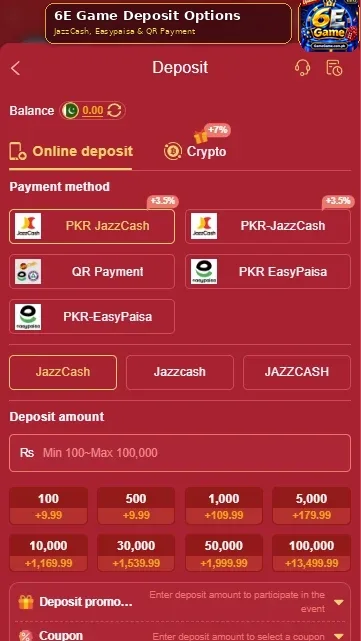 6E Game deposit page featuring JazzCash, Easypaisa, QR payment, and crypto deposit options with instant PKR deposit bonuses.