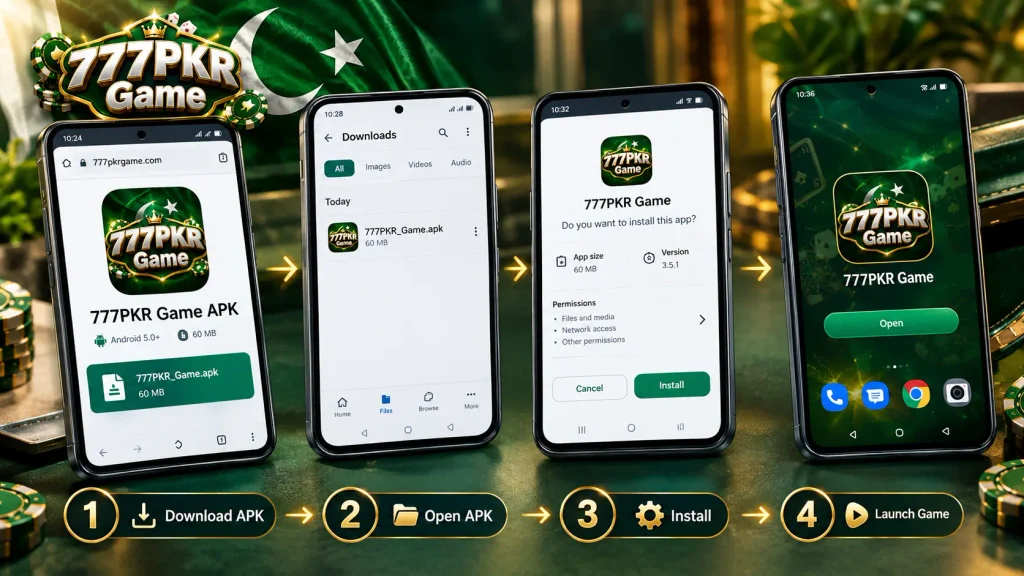 777PKR Game APK installation guide showing four Android steps: downloading the 60 MB APK, opening the downloaded file, installing version 3.5.1, and launching the game.