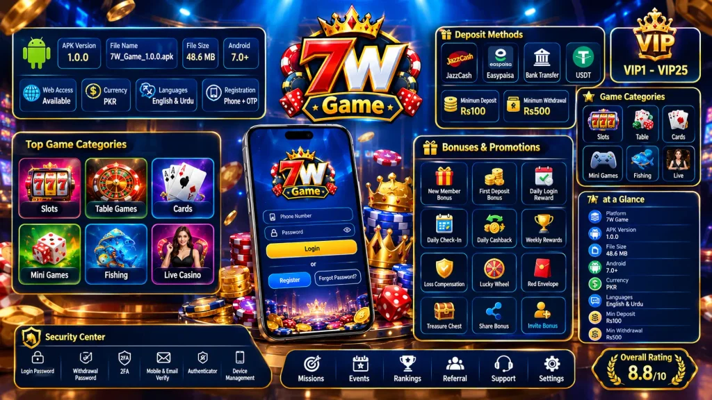 7W Game APK infographic showing version 1.0.0, 48.6 MB APK size, Android 7.0+, casino game categories, JazzCash and Easypaisa payments, VIP1–VIP25 rewards, bonuses, security tools, and an 8.8/10 rating.