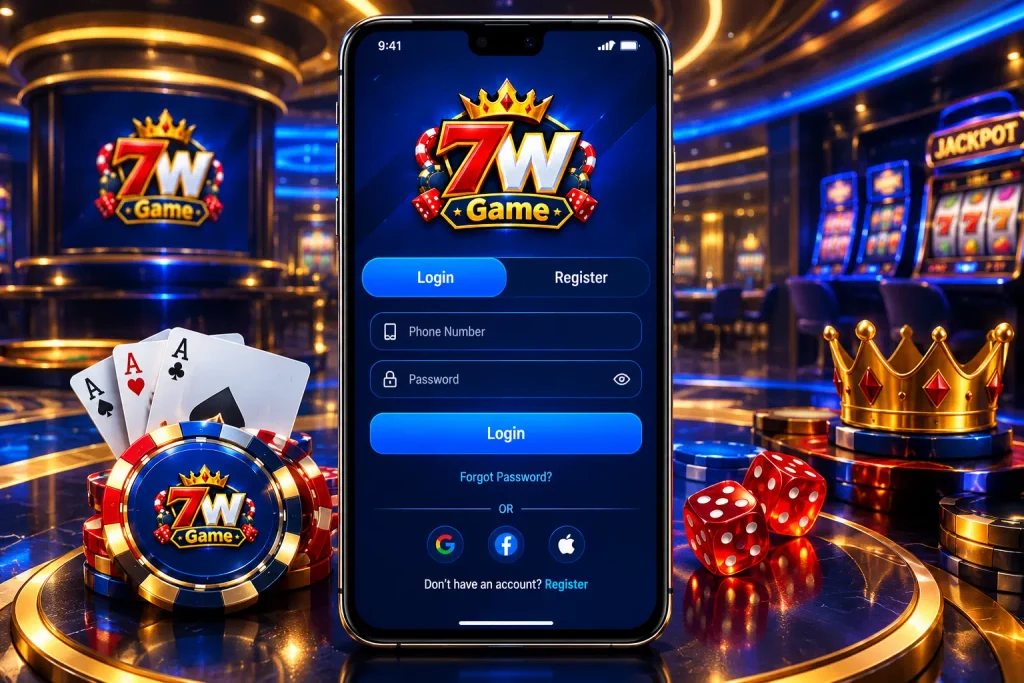 7W Game virtual casino login screen displayed on a smartphone with the 7W logo, phone number and password fields, login and registration options, and premium casino styling.