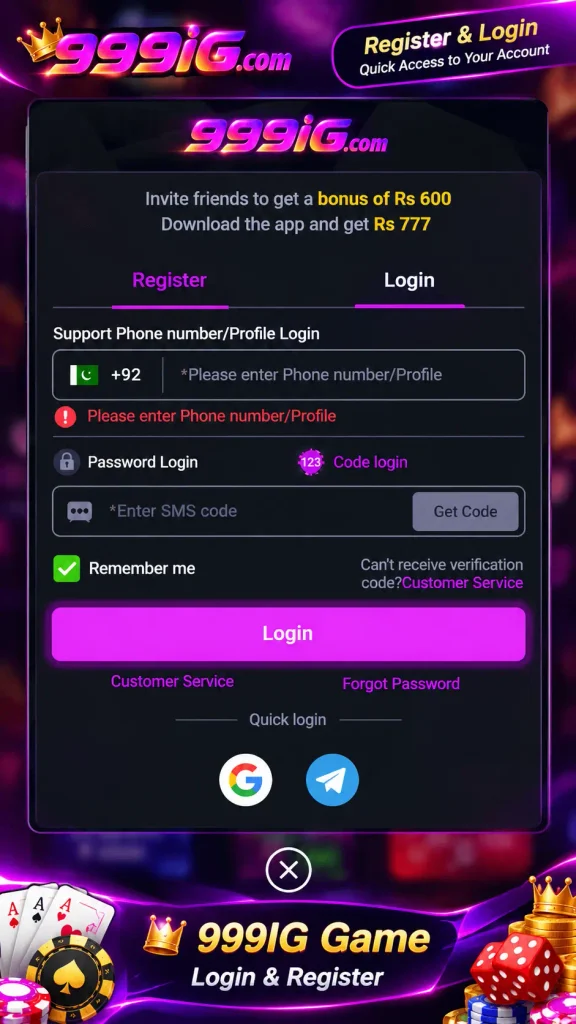 999ig game login screen