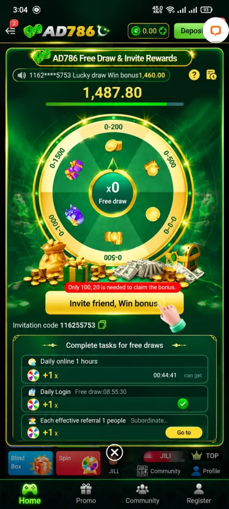 AD786 free draw and invite rewards screen showing a lucky wheel, invitation code 116255753, and daily task list.