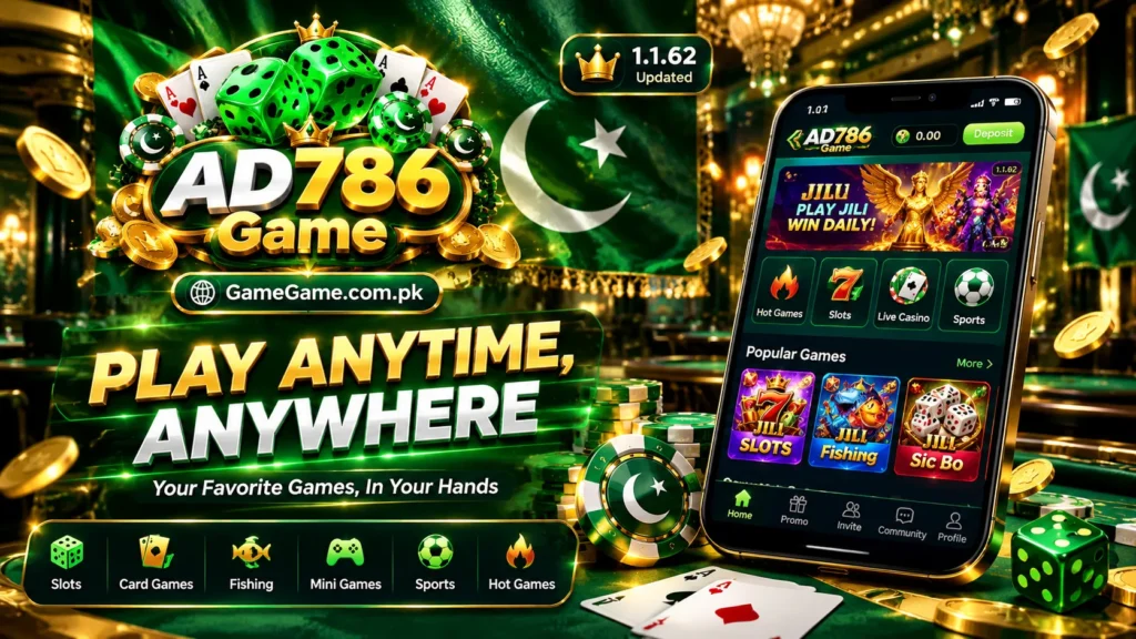 Play anytime, anywhere promotional banner for the AD786 Game mobile casino app featuring JILI slots, fishing, and live casino games.