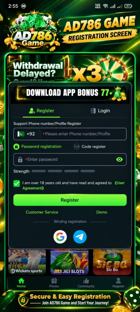 AD786 registration screen for new users featuring the download app bonus, +92 phone number input, and password setup.