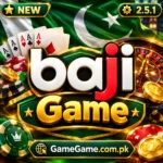 Baji Game 3D casino logo with Pakistani flag background, green and gold styling, casino chips, playing cards, roulette wheel, NEW badge, version 2.5.1, and GameGame.com.pk branding