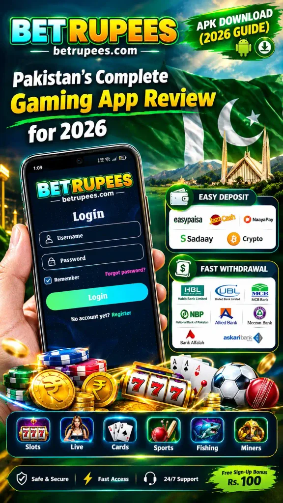 BetRupees APK Download 2026 with login screen, payment methods, withdrawal options, and game categories
