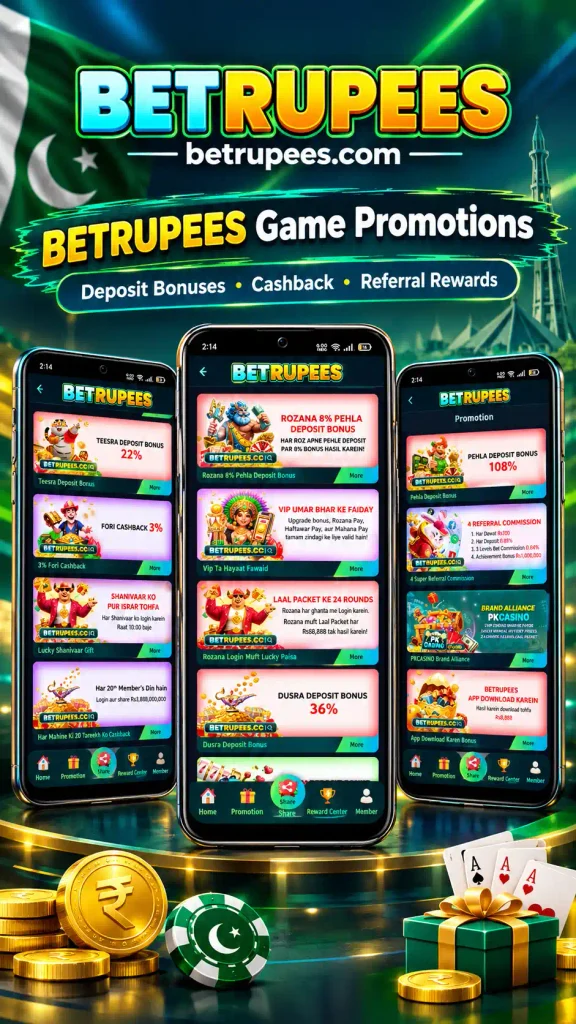 BetRupees Game promotions featuring deposit bonuses, cashback, referral rewards, VIP benefits, and app download offers