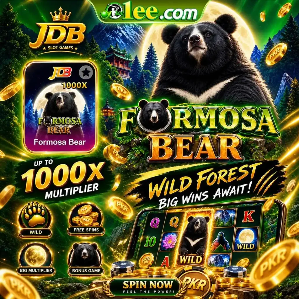 Formosa Bear JDB slot on 1ee with a black bear, 1000x multiplier, free spins, and wild bonus game.