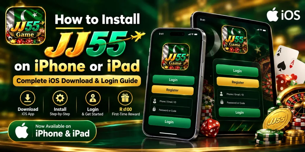 JJ55 iPhone Login guide showing JJ55 iOS download, installation, and login on iPhone and iPad