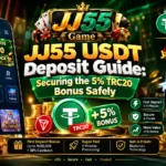 JJ55 USDT deposit guide featuring the 5% TRC20 crypto bonus, USDT payment icons, QR code scanning, deposit steps, and first deposit rewards.