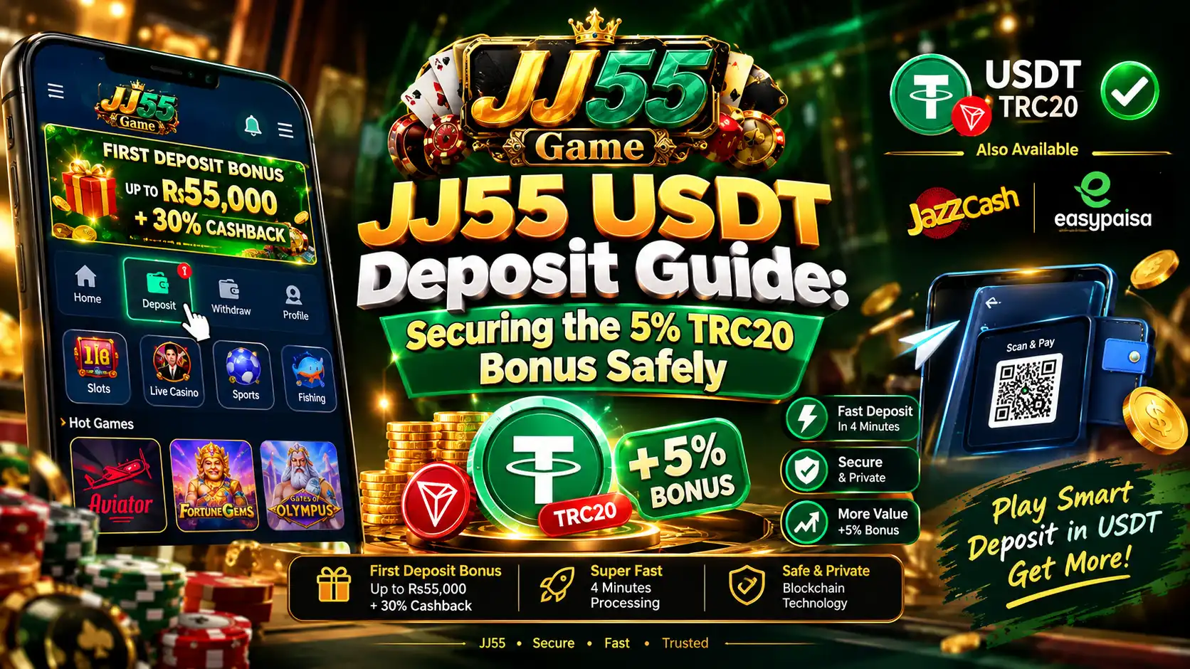JJ55 USDT deposit guide featuring the 5% TRC20 crypto bonus, USDT payment icons, QR code scanning, deposit steps, and first deposit rewards.