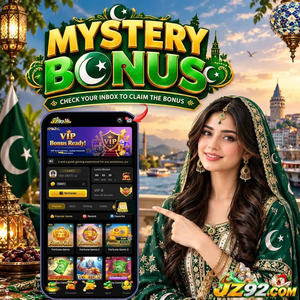 JZ92 Mystery Bonus promotional banner with a smartphone displaying the JZ92 app interface, including VIP Bonus Ready, Lucky Bonus countdown timer, VIP 8 badge, and game icons for Fortune Gems, Money Coming, and Poseidon. A woman in green traditional dress points at the phone, with the Pakistan flag, lantern, and mosque in the background, and JZ92.com branding at the bottom right.