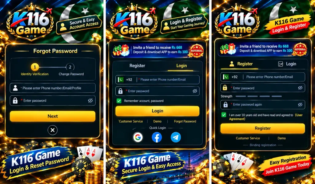 K116 Game login and registration guide showing secure login, forgot password, account registration, and password reset screens