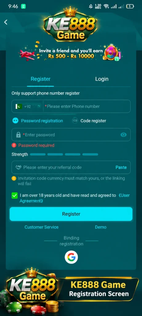 KE888 game registration screen where new users can sign up with their phone number, create a password, and enter a referral code to claim bonuses