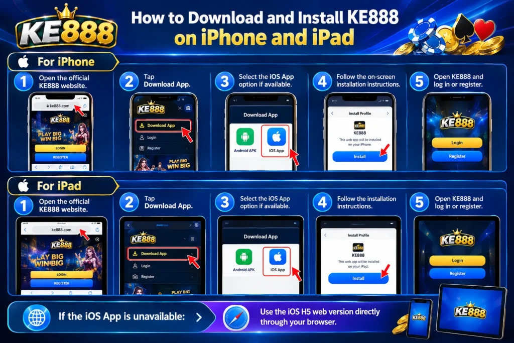 KE888 iPhone and iPad download and installation guide showing step by step iOS app setup and H5 web access