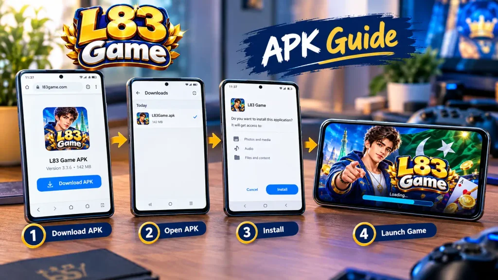 L83 Game APK installation guide showing four Android steps: downloading the APK from l83game.com, opening the downloaded file, installing the app, and launching the game.